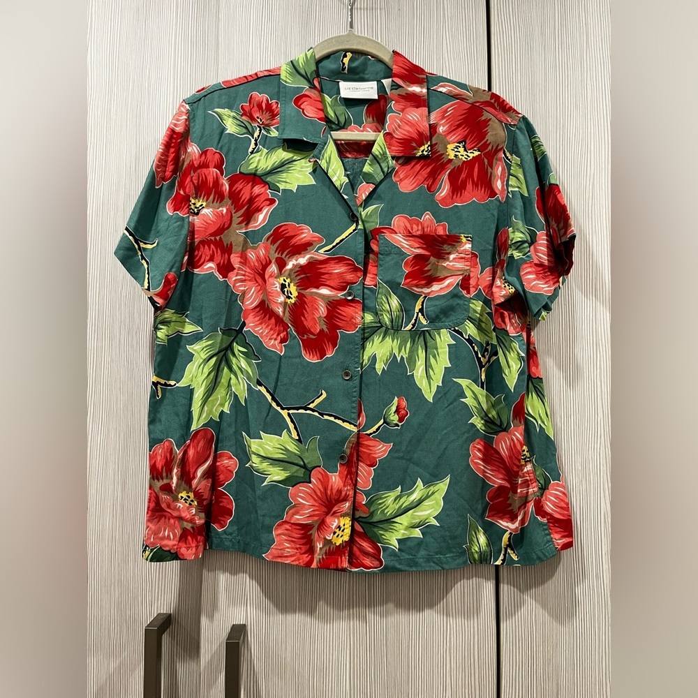 VINTAGE Liz Claiborne‎ Green Tropical Floral Short Sleeve Shirt Rayon Size Large